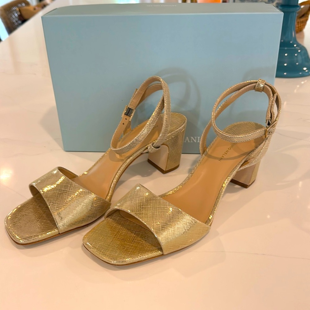 Antonio Melani gold ankle strap heel, never worn, size 10
